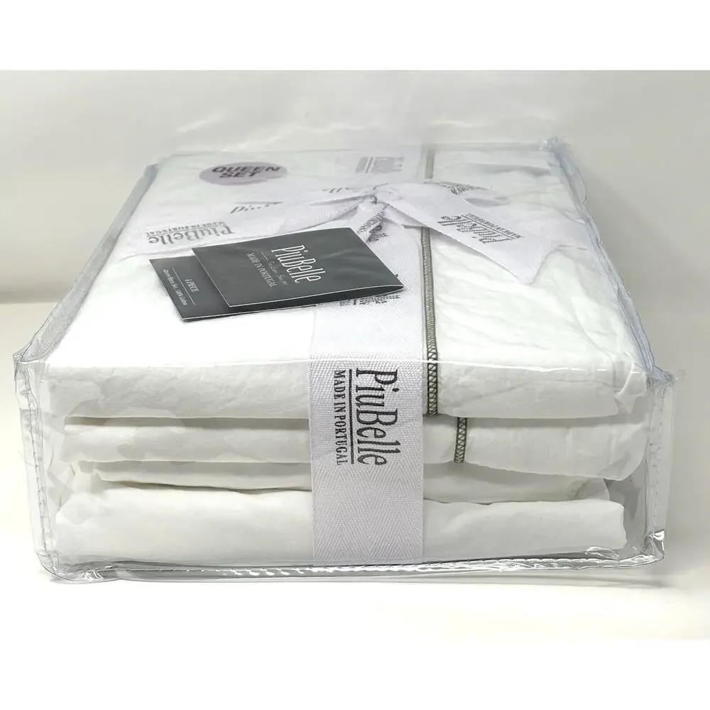Piu Belle White Queen Sheet Set 100% Cotton Olive Green Hemstitch Border Trim